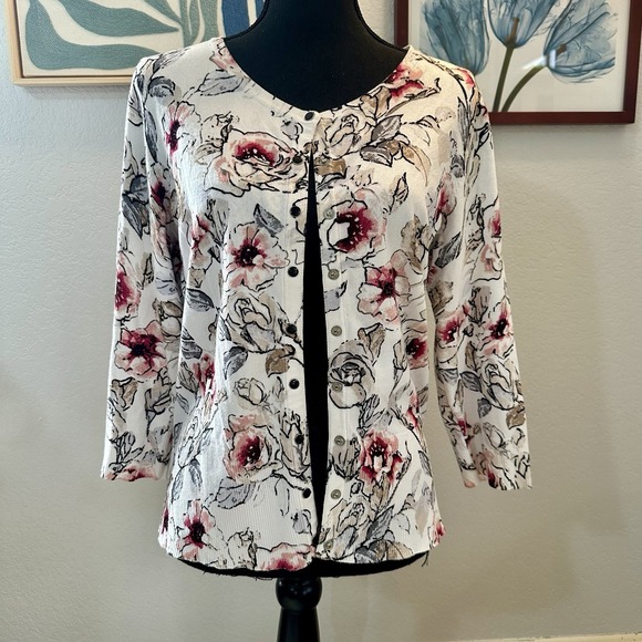 White House Black Market Floral Cardigan Sz L Black Snaps Ivory Pink Taupe - Picture 5 of 7